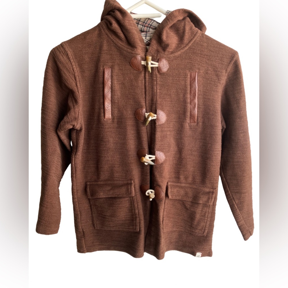 Me & Henry toggle tweed knit duffle coat with hood brown 100% cotton size 8/9